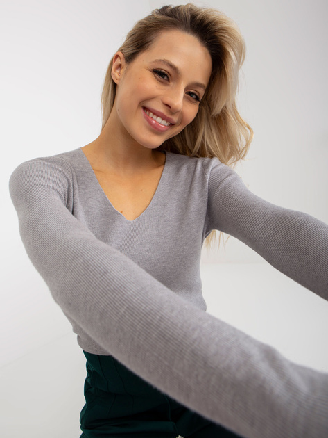 Hurt Szary gładki sweter klasyczny z dekoltem w serek