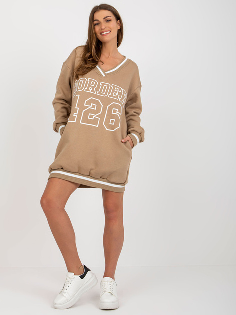 Hurt Ciemnobeżowa długa bluza dresowa z nadrukiem