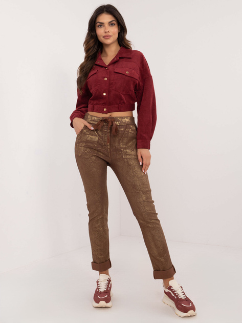 Hurtownia Brązowe damskie spodnie materiałowe z połyskiem