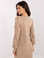 Dark beige women's sweater with lace sleeves.