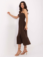 Dark brown muslin dress with buttons.