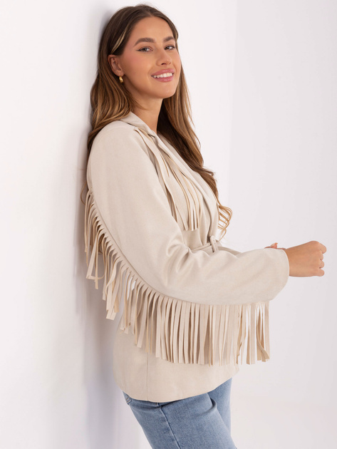 Jasnobeżowa zamszowa marynarka z paskiem RUE PARIS