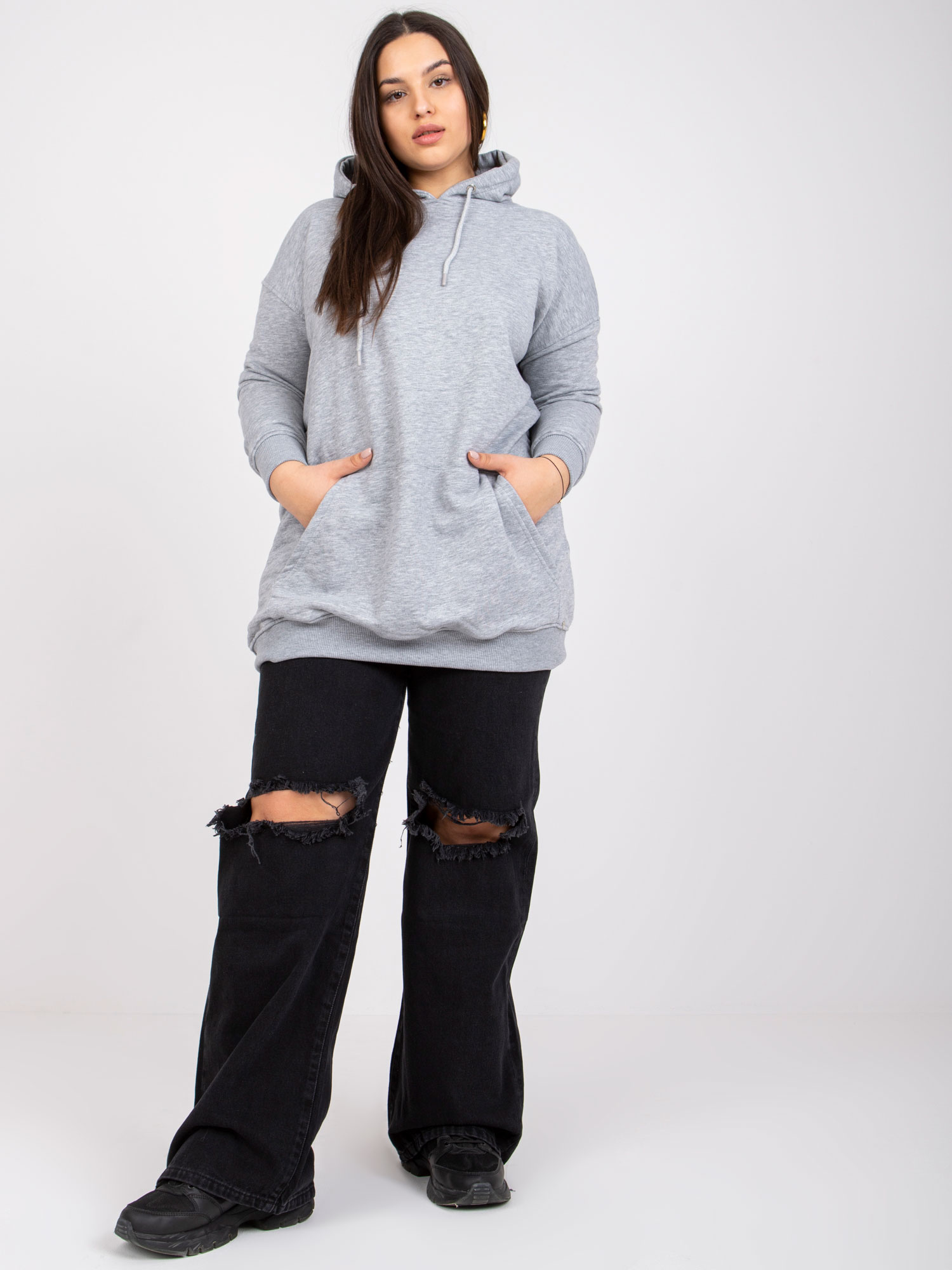 Šedá melírovaná mikina plus size s kapucňou Luna.