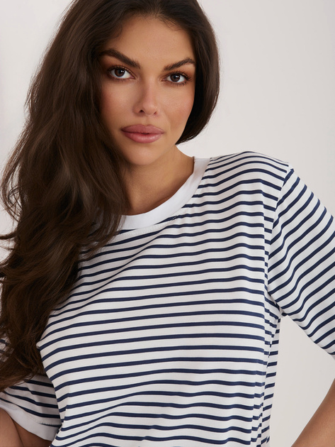 Biało-granatowy damski t-shirt z bawełny RUE PARIS
