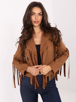 Camel suede jacket without fasteners.