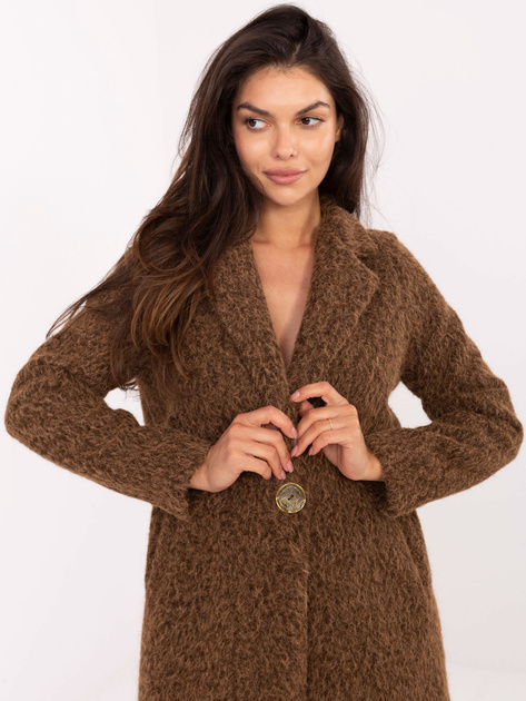 Brązowy damski płaszcz z kieszeniami