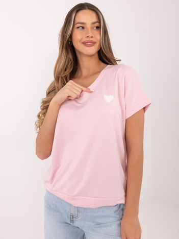 Jasnoróżowa damska bluzka oversize z krótkim rękawem