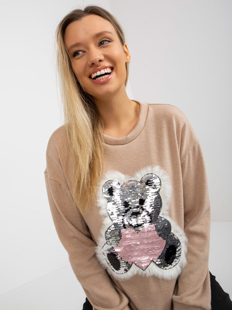 Hurt Beżowy damski sweter klasyczny z cekinową aplikacją