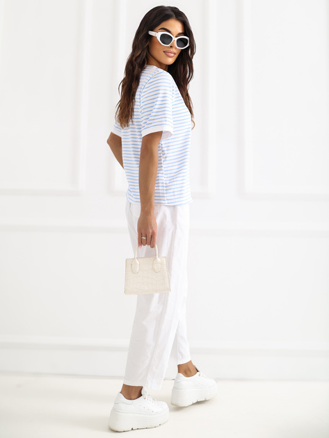 Biało-jasnoniebieski damski t-shirt z bawełny RUE PARIS