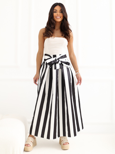 Ecru-czarna midi spódnica w paski