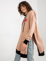 Hurt Beżowa długa bluza oversize z kapturem i napisem 