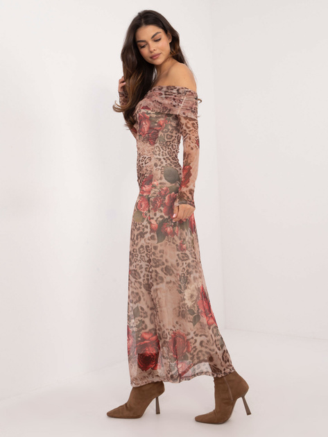 Hurt Beżowa siateczkowa sukienka hiszpanka z printem