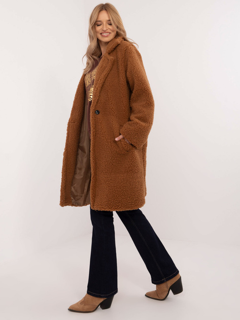 Hurt Jasnobrązowy ciepły płaszcz baranek z kieszeniami