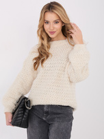Ecru damski sweter z bufiastym rękawem 