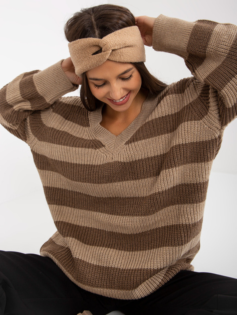 Hurt Brązowo-beżowy dłuższy sweter oversize w paski RUE PARIS