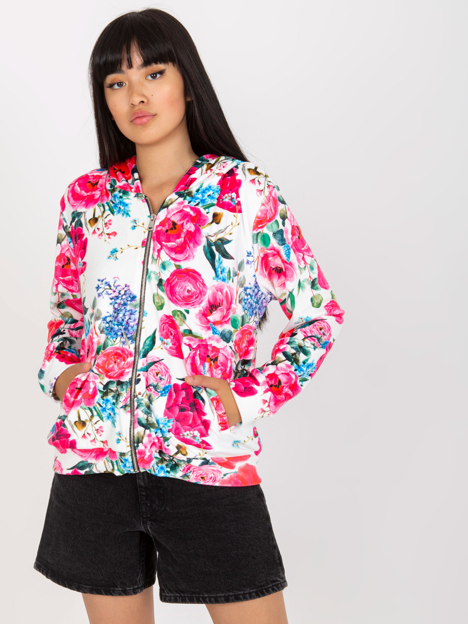 Biało-różowa welurowa bluza w kwiaty RUE PARIS
