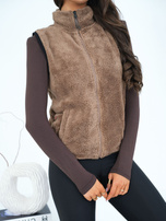 Ciemnobeżowa futrzana kamizelka ze stójką