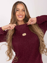 Burgundowy prążkowany sweter z okrągłym dekoltem
