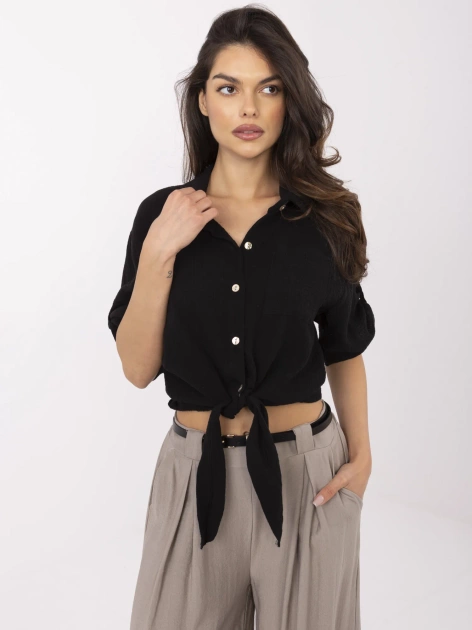 Czarna muślinowa koszula z wiązaniem