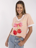Pomarańczowo-biała letnia bluzka z dekoltem V