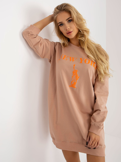 Hurt Beżowo-pomarańczowa długa bluza oversize z nadrukiem