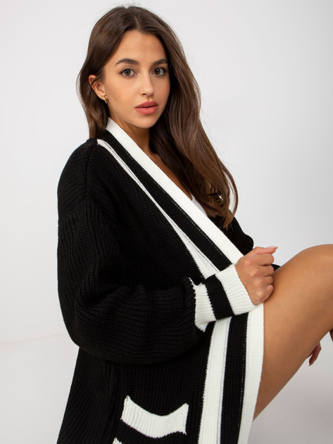 Hurtownia Czarny długi kardigan z kieszeniami RUE PARIS
