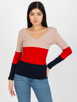 Beige-navy women's basic ribbed blouse RUE PARIS.