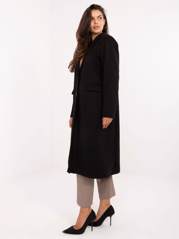 Czarny długi płaszcz z poduszkami na ramionach