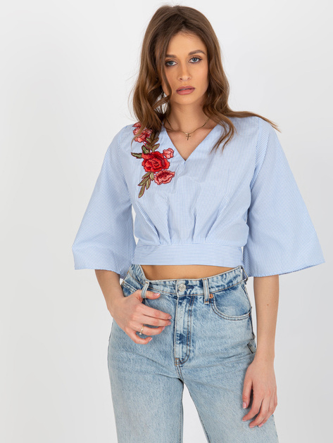 Hurt Jasnoniebiesko-biała krótka bluzka wizytowa w paski