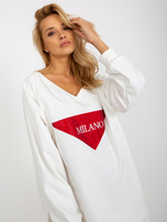 Hurt Ecru długa bluza oversize z nadrukiem i aplikacją