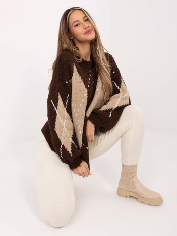 Brązowo-beżowy damski sweter oversize w romby