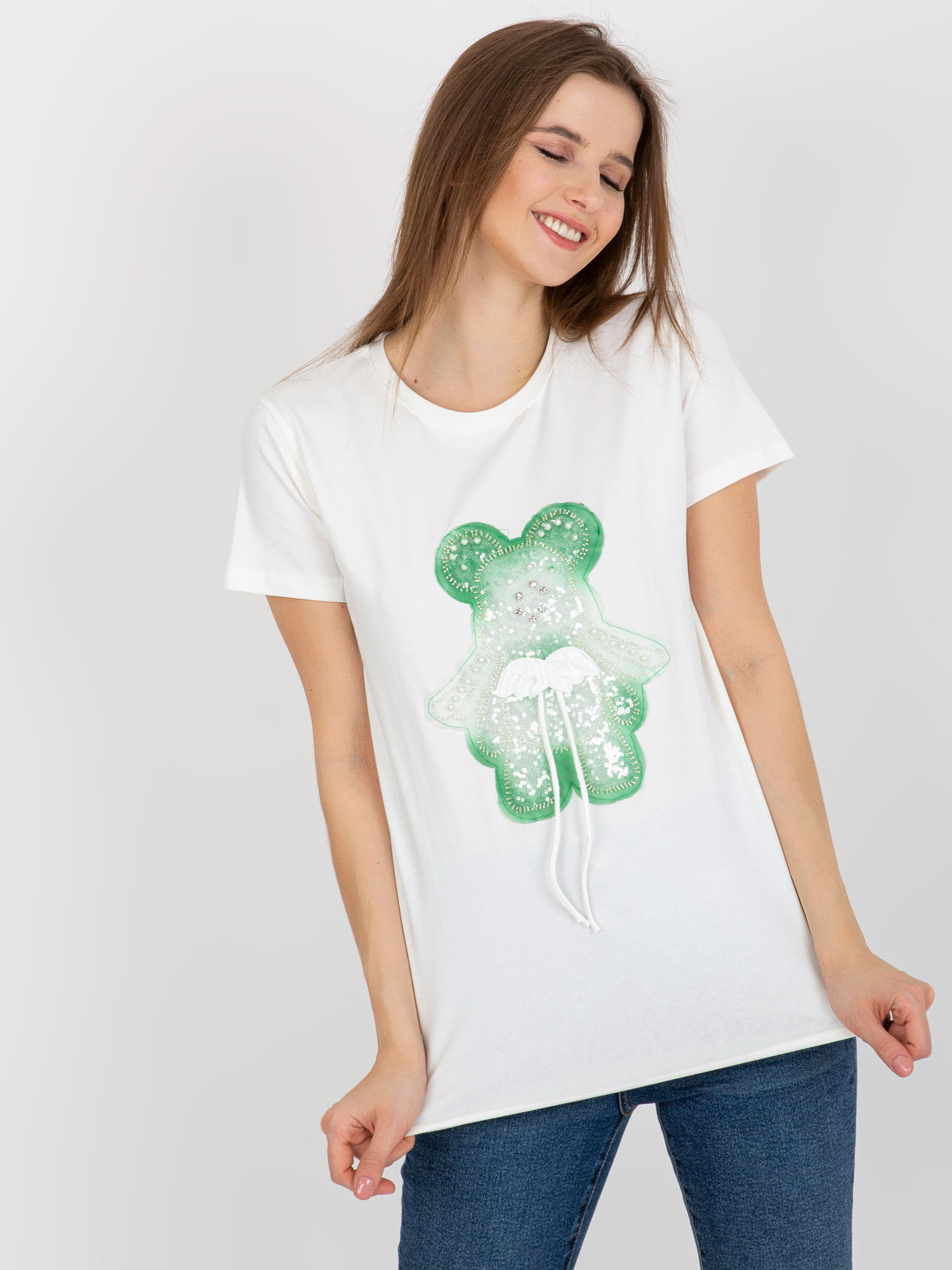 Hurt Ecru-zielony bawełniany damski t-shirt z aplikacją 3D 