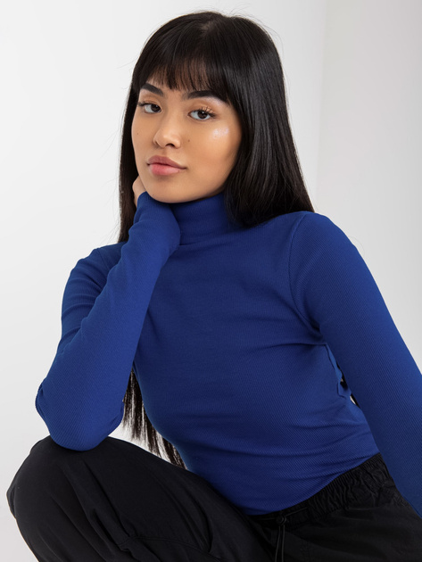 Hurt Kobaltowa prążkowana bluzka basic z golfem Elisee RUE PARIS