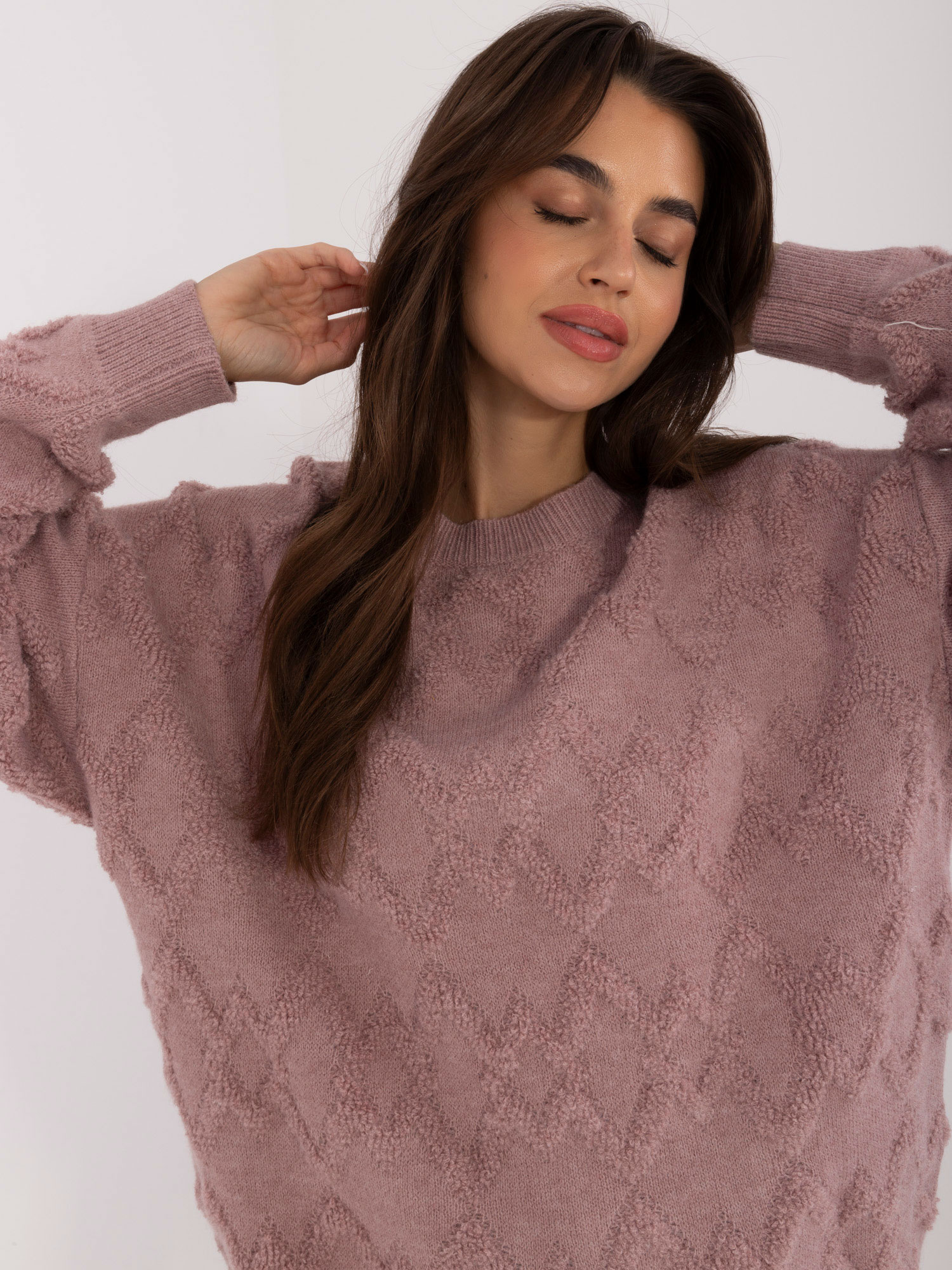 Hurt Jasnofioletowy damski sweter oversize z okrągłym dekoltem