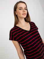 Schwarze-rote Damen Basic T-Shirt mit Streifen aus Baumwolle.