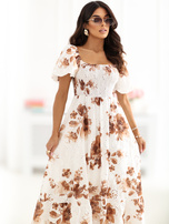 Brązowa rozkloszowana sukienka w kwiaty