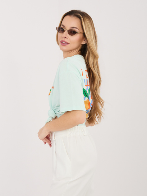 Miętowy damski t-shirt z letnim nadrukiem SUBLEVEL