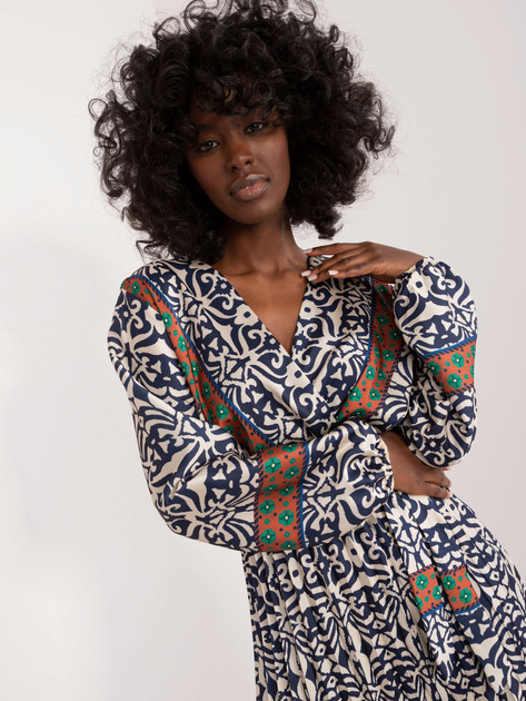 Hurt Granatowo-beżowa długa sukienka we wzory