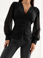Schwarze taillierte Bluse mit chinesischen Verschlüssen.