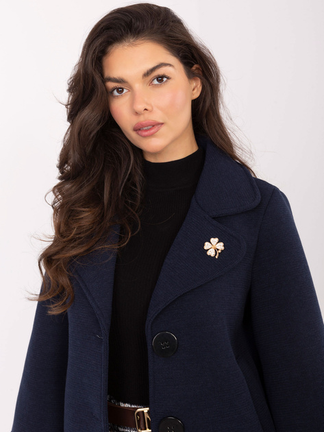 Granatowy damski płaszcz z broszką RUE PARIS
