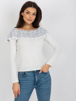 Beige-gray short blouse with exposed shoulders.