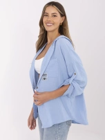 Blue muslin shirt with a pocket.