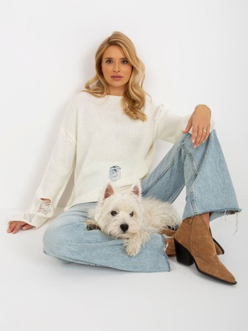 Hurt Ecru sweter oversize z szerokim rękawem i dziurami