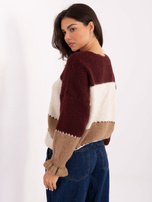 Ecru-bordowy sweter z falbankami przy rękawach RUE PARIS