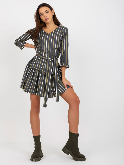Hurt Ciemnoszara sukienka koktajlowa w paski z wiązaniem
