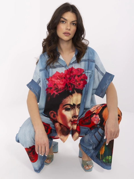 Niebieska rozpinana koszula damska z nadrukiem