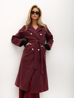RUE PARIS Burgundy double-breasted coat with gold buttons.