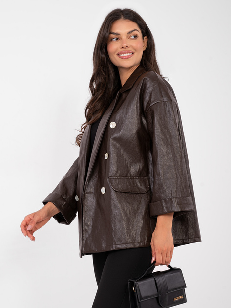 Czekoladowa dwurzędowa marynarka z ekoskóry RUE PARIS