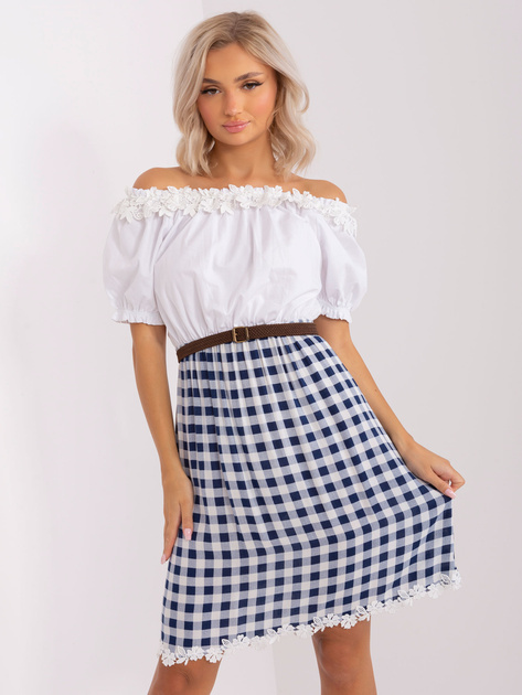 Hurt Ecru-granatowa sukienka hiszpanka w kratę