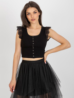 Hurt Czarna prążkowana bluzka z koronką przy rękawach